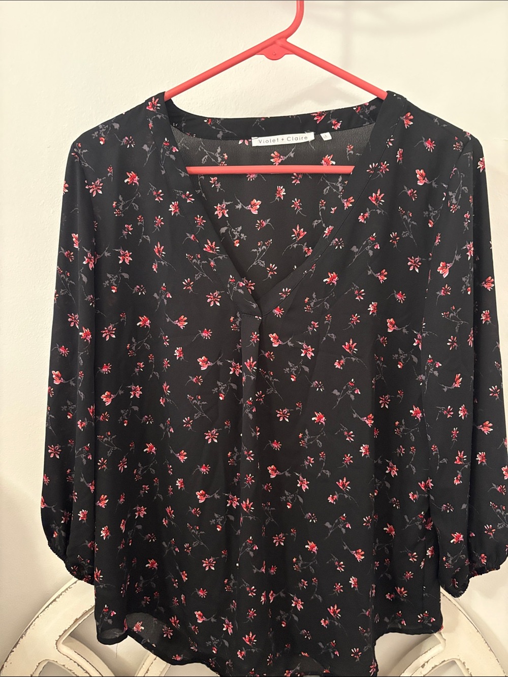 Violet & Claire Black Blouse with Pink Floral Print